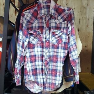 Heavily Distressed Red White & Blue, Size L, Flannel Men's Pearl Snap Cowboy Cut